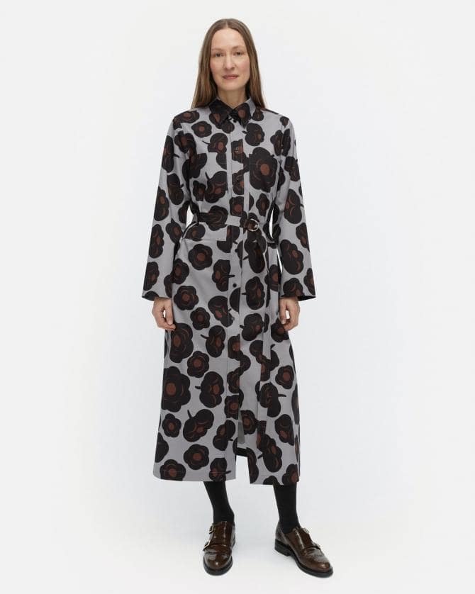 マリメッコ　ワンピース34 着丈長め　共布ベルト付　グレー系　大人かわいい 2023AW】marimekko マリメッコ/ Absidi Tuulahdus ワンピース